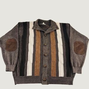 Vtg. Silver Silk Full Zip Button 3D Knit Pattern Elbow Patch Brown 3XL Sweater